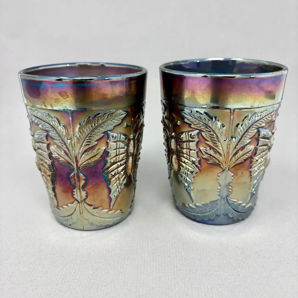Pair of Antique Fenton Blue Carnival Glass Butterfly & Fern Tumblers Ground Base